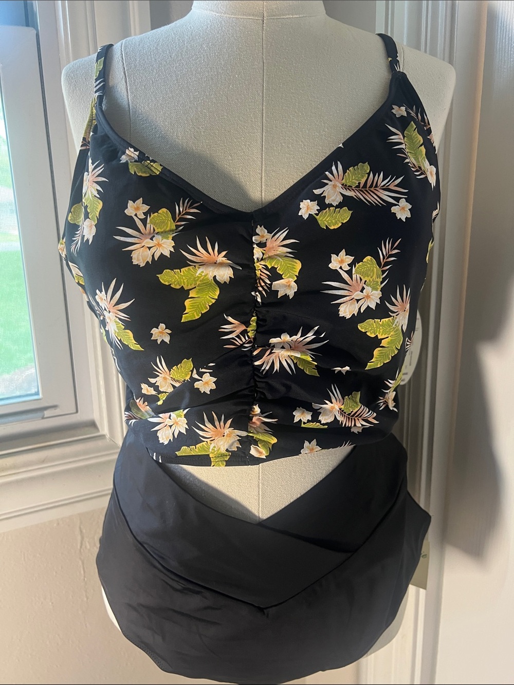 Black Floral Ruched Bikini Top  Mynah brand